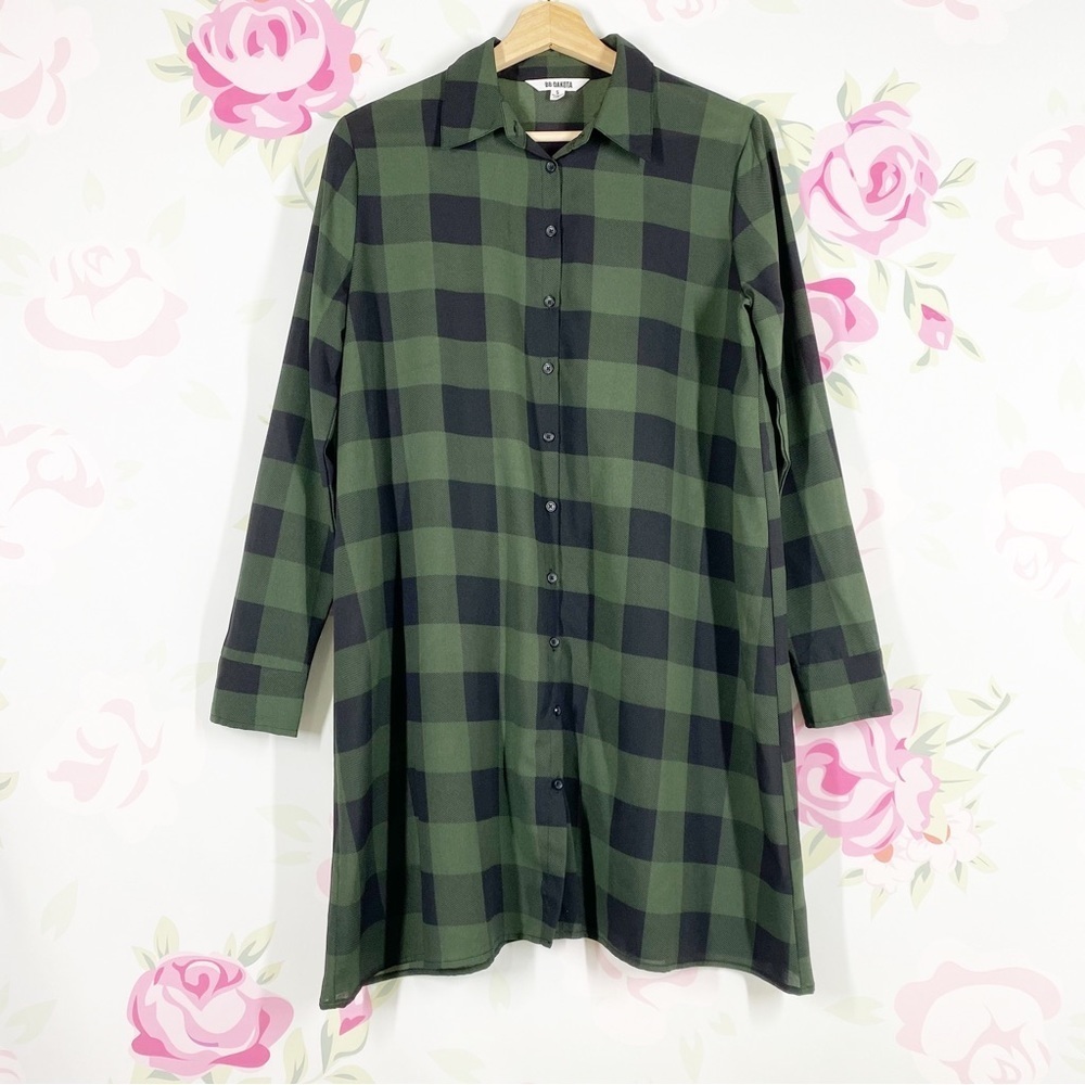 BB Dakota Plaid Print Button Down Olive Green Black Shirt Dress S